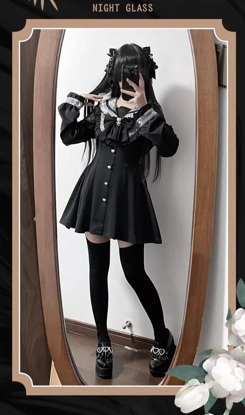 Full-length mirror selfie Jirai Kei dress with white lace collar thigh-high stockings and platform shoes complete outfit