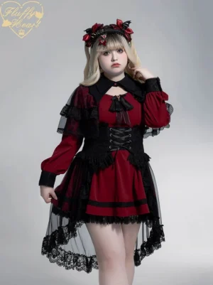 Black Gothic Lolita dress with corset waist cincher and high-low lace overskirt on blonde model, front upright view with floral headpiece