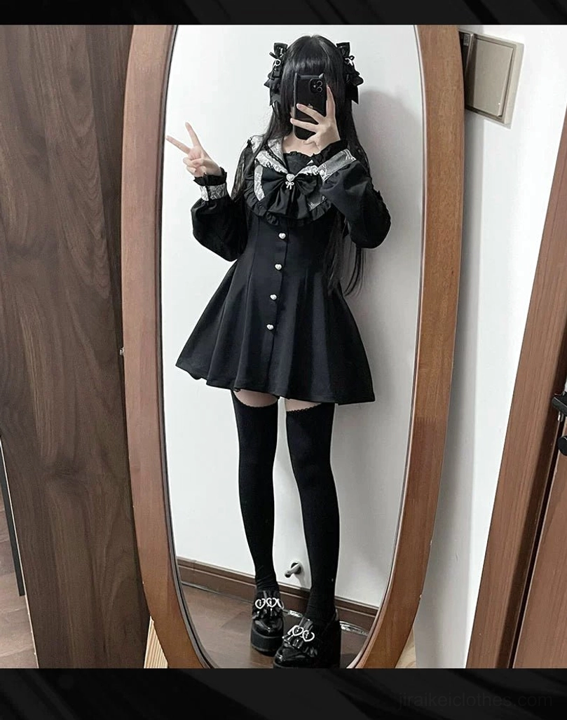 Full-length mirror selfie Jirai Kei black dress with silver lace accents white collar matching stockings and platform shoes
