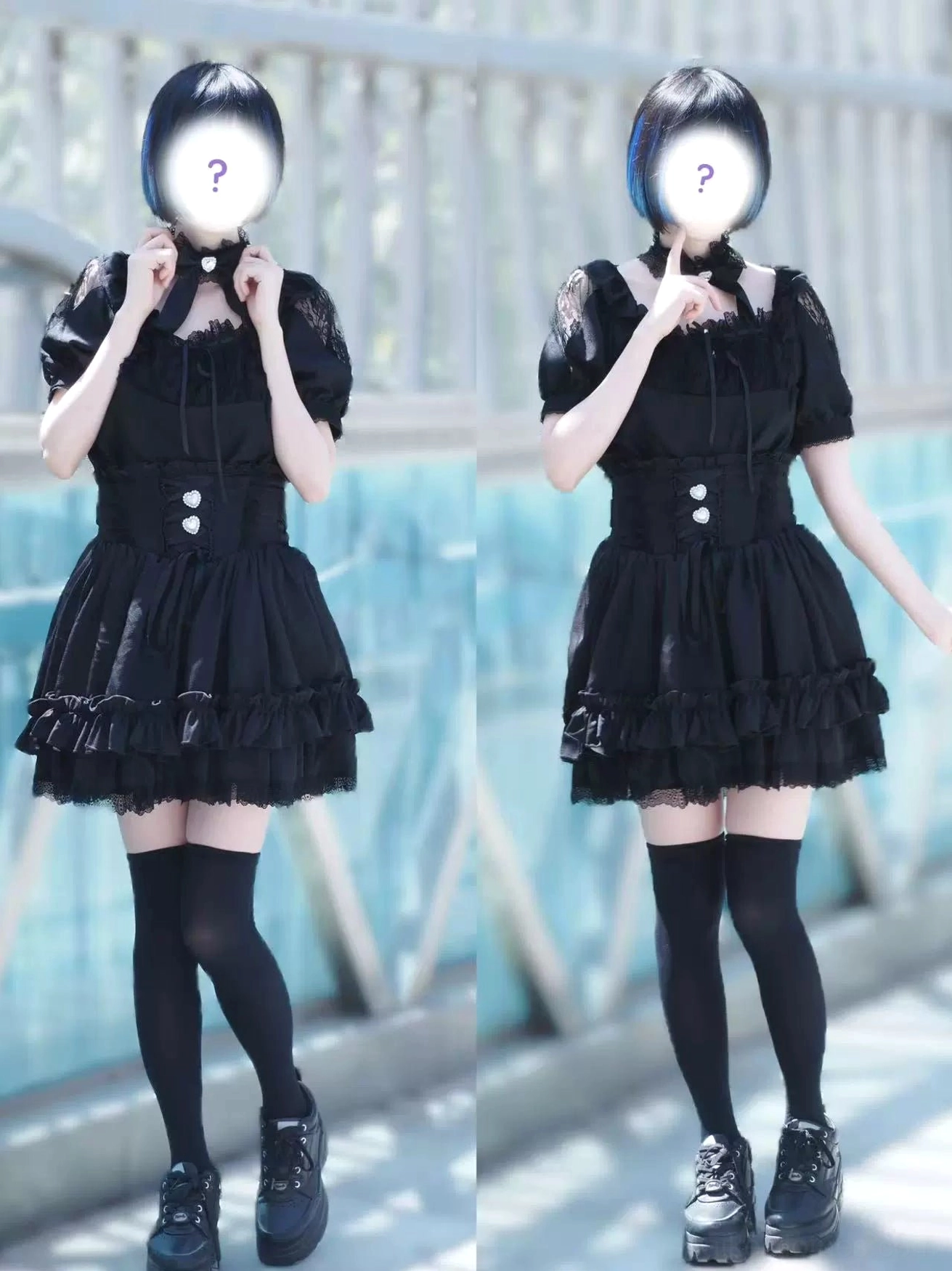 all-black-jirai-kei-one-piece-dress-lace-short-sleeves-corset-waist-ruffled-hem-outdoor