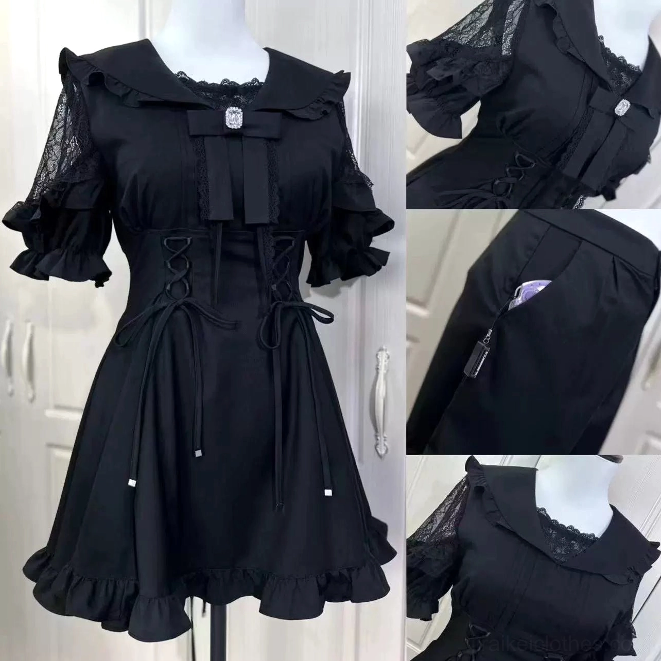Black Jirai Kei dress close-up showing lace sleeve trim side zipper and collar lace detailing