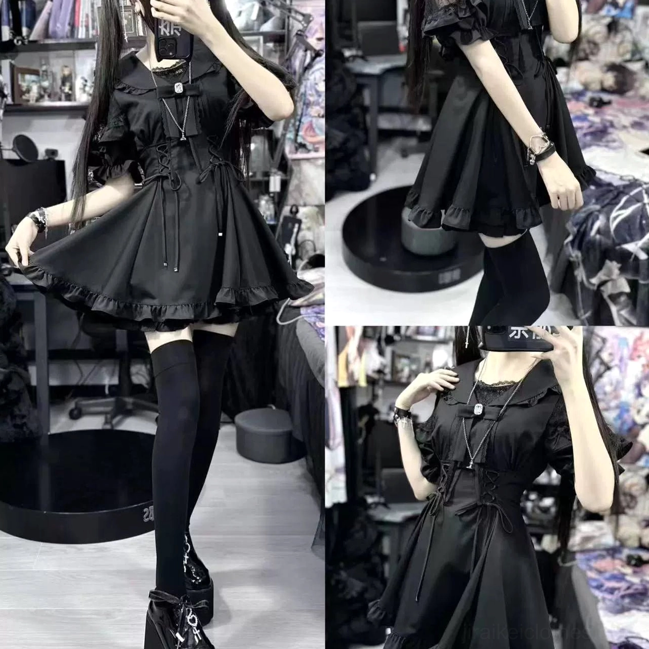 Black Jirai Kei dress set with detachable bow collar brooch and multi-tiered ruffled hemline design