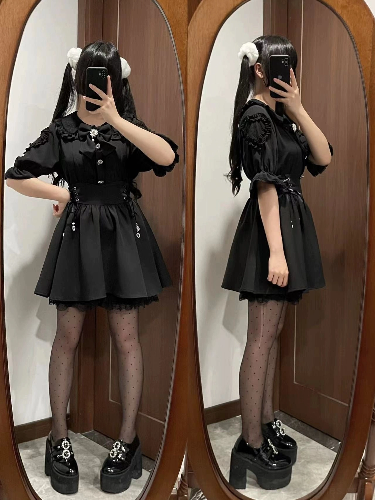 Black Jirai Kei dress set split-mirror full-body selfie on twin-tailed anime model, featuring fishnet stockings, platform gothic shoes, ruffled blouse collar with lace details, and heart-shaped elements - underground fashion aesthetic