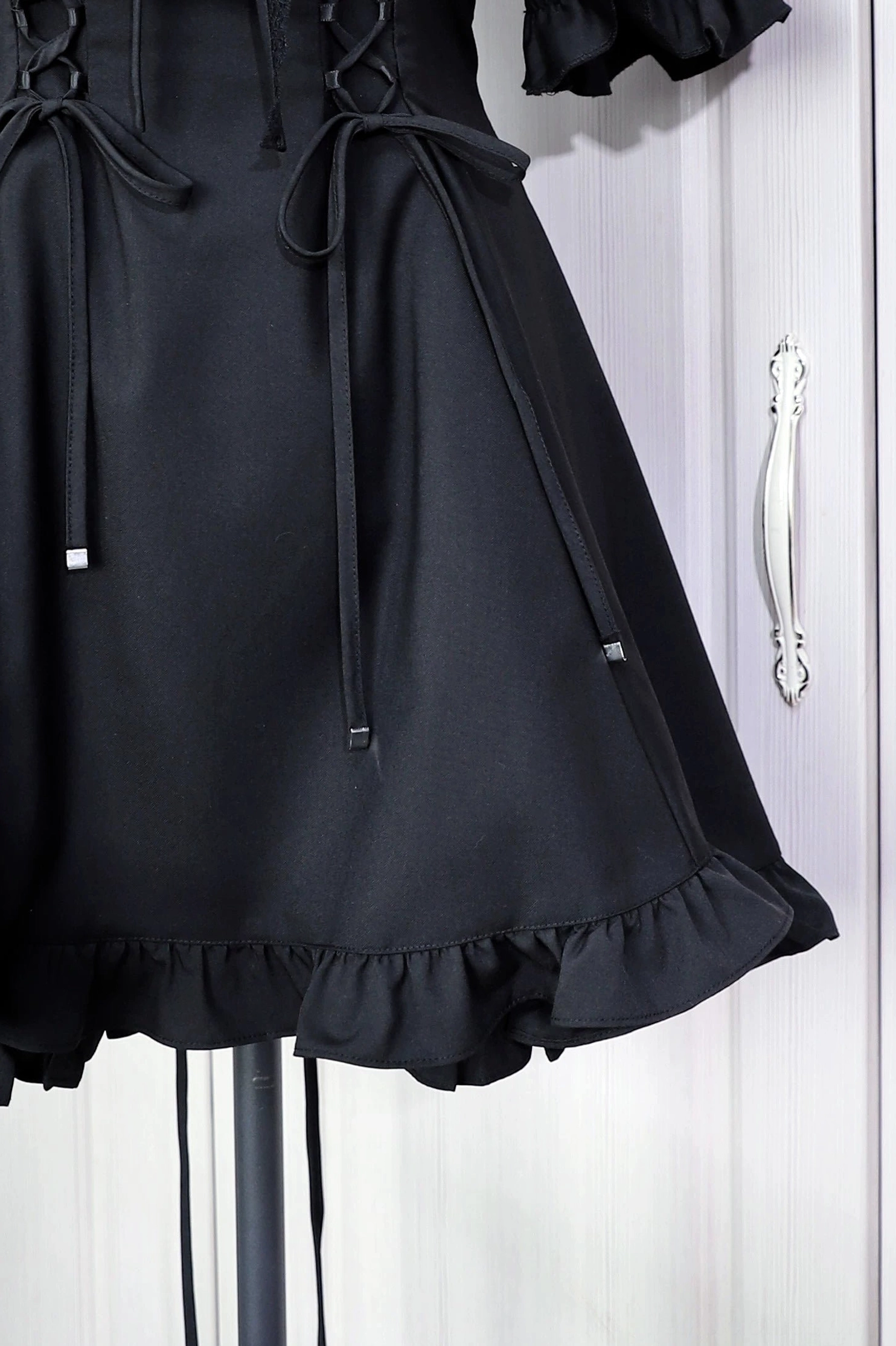 Black Jirai Kei dress with theatrical ruffle styling platform compatible silhouette anime inspired