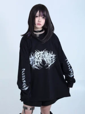 Oversized black gothic Jirai Kei sweatshirt drop shoulder silhouette worn with platform boots and pentagram choker