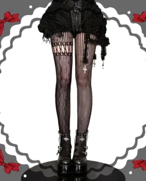 Black asymmetric gothic lolita fishnet pantyhose with hollowed stripe vine lace pattern front full leg view studio shot