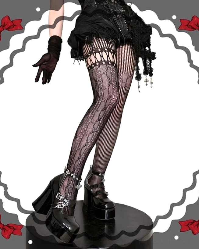 Black asymmetric fishnet gothic lolita pantyhose side partial leg view with black gloves styling detail studio shot