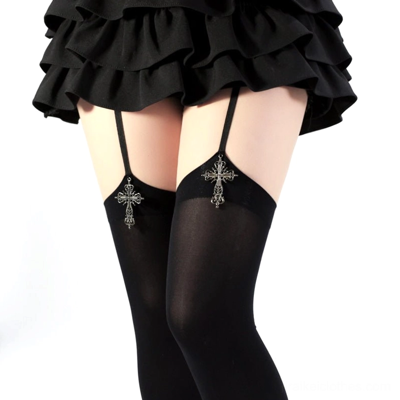 Close-up detailed view of black Jirai Kei garter stockings with silver cross pendants and adjustable elastic straps front lower body