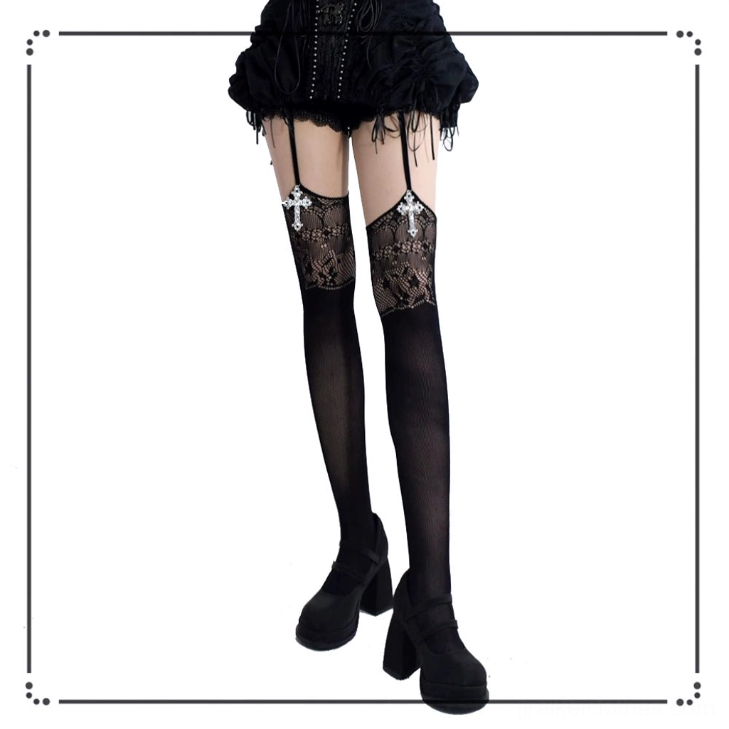 Black gothic garter thigh-high stockings with silver cross pendant and lace cutout, full leg front view wearing black feathered mini skirt and platform shoes
