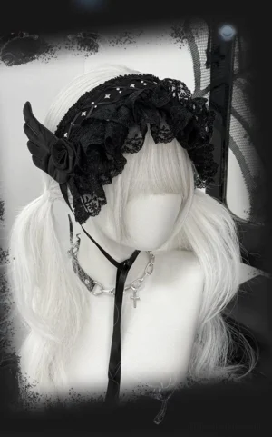 Black gothic jirai kei lace hairband right side profile view showcasing ruffled lace texture hollow out patterns and cross chain choker styling