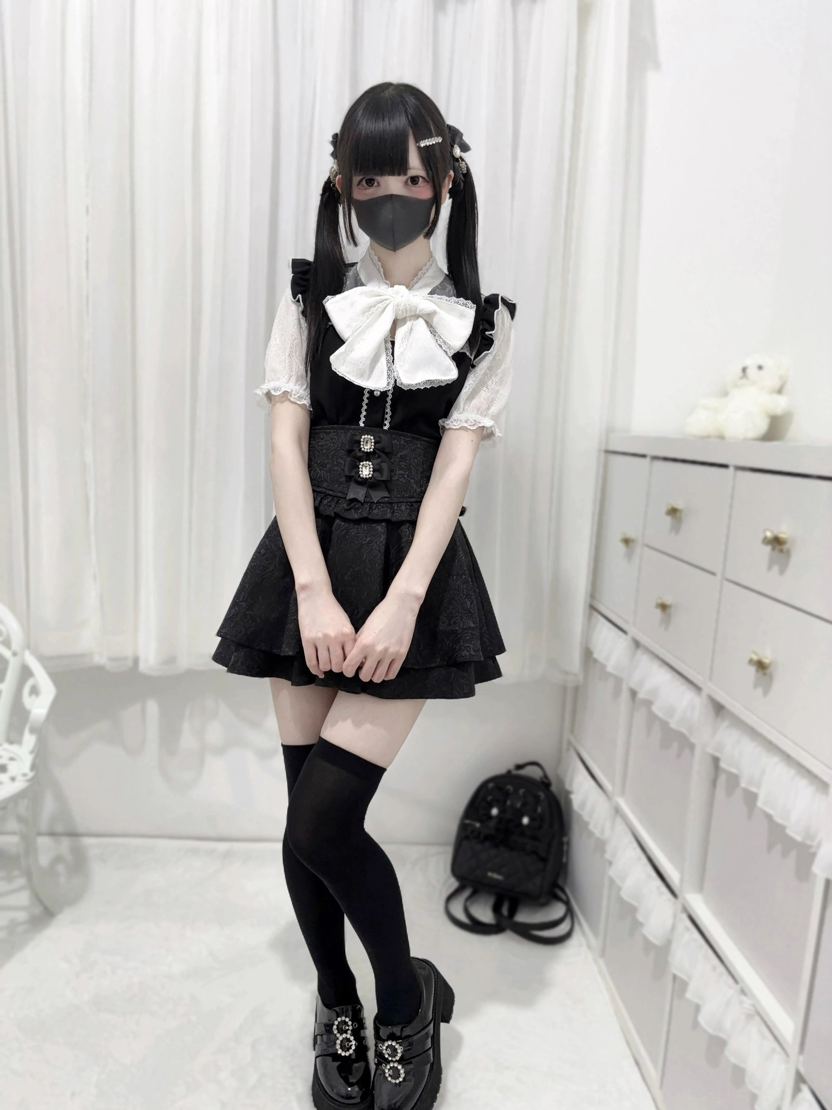 Black Jirai Kei high-waist jacquard skirt double-layer ruffled hem full-body front view twin-tailed model indoor bedroom