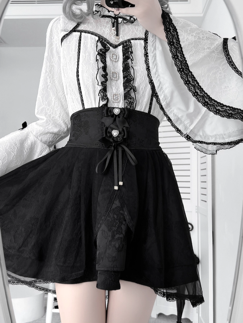 Black jirai kei high-waist jacquard skirt front view tulle mini skirt detail