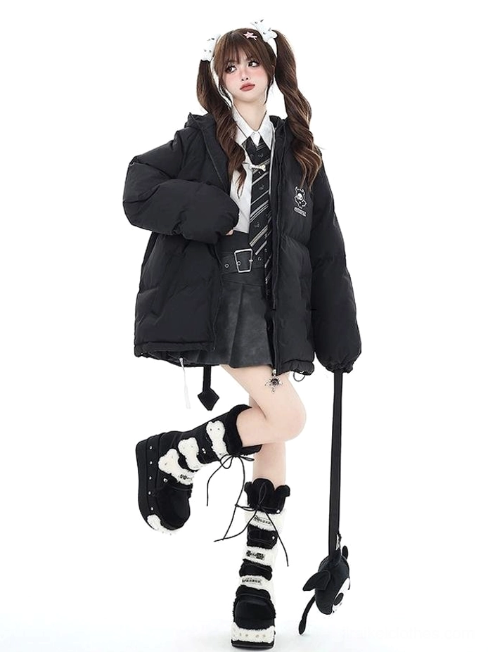 Black hooded Jirai Kei cotton coat three-quarter side view showing loose oversized fit with matching skull crossbody bag