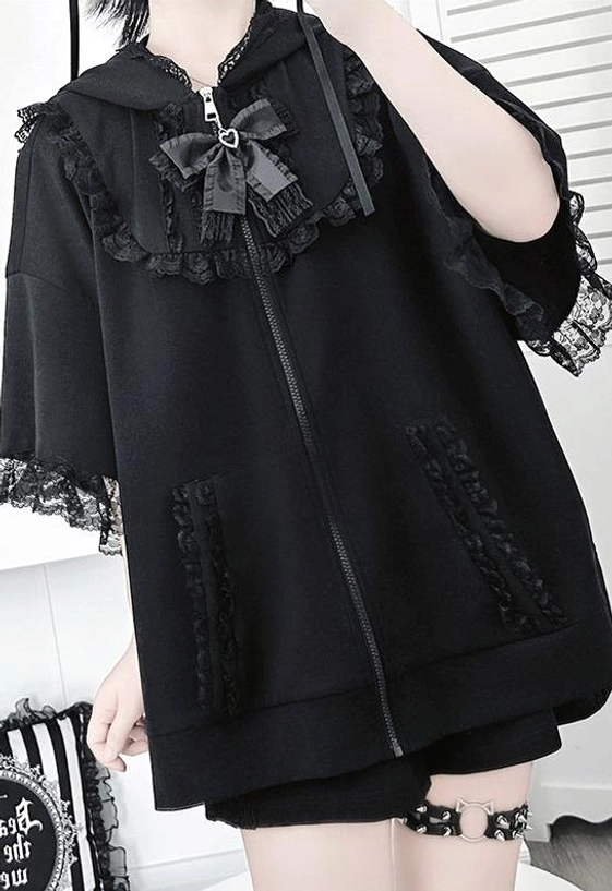 Black Jirai Kei hoodie with collar bow short sleeves option, versatile styling piece for warm weather Jirai Kei fashion and seasonal wardrobe flexibility