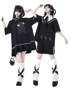 Black Jirai Kei hoodie dress and shorts set front view two models anime print ruffle trim all-black sporty aesthetic