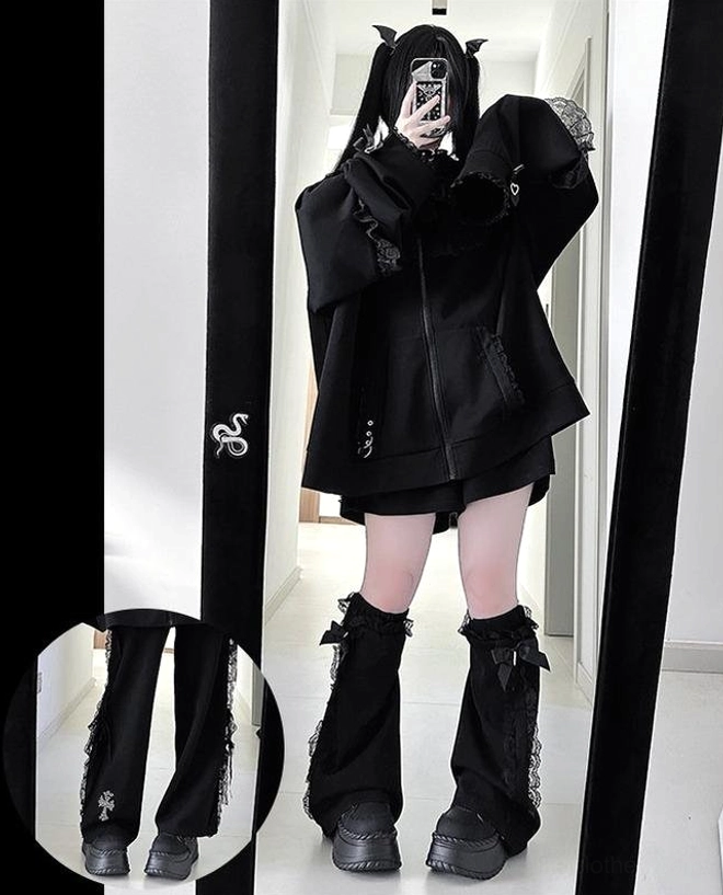 Black oversized zip-up Jirai Kei hoodie with lace collar trim and zipper pockets, half-body front mirror selfie featuring matching black ruffled leg warmers detail