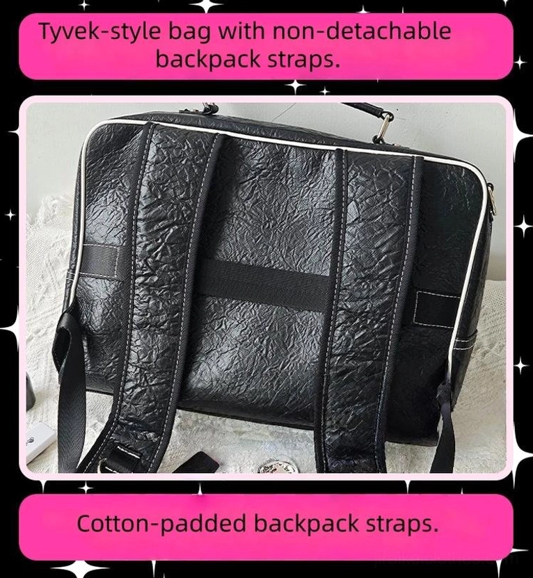 Black Jirai Kei ita backpack with padded non-detachable straps and Tyvek crinkled leather texture