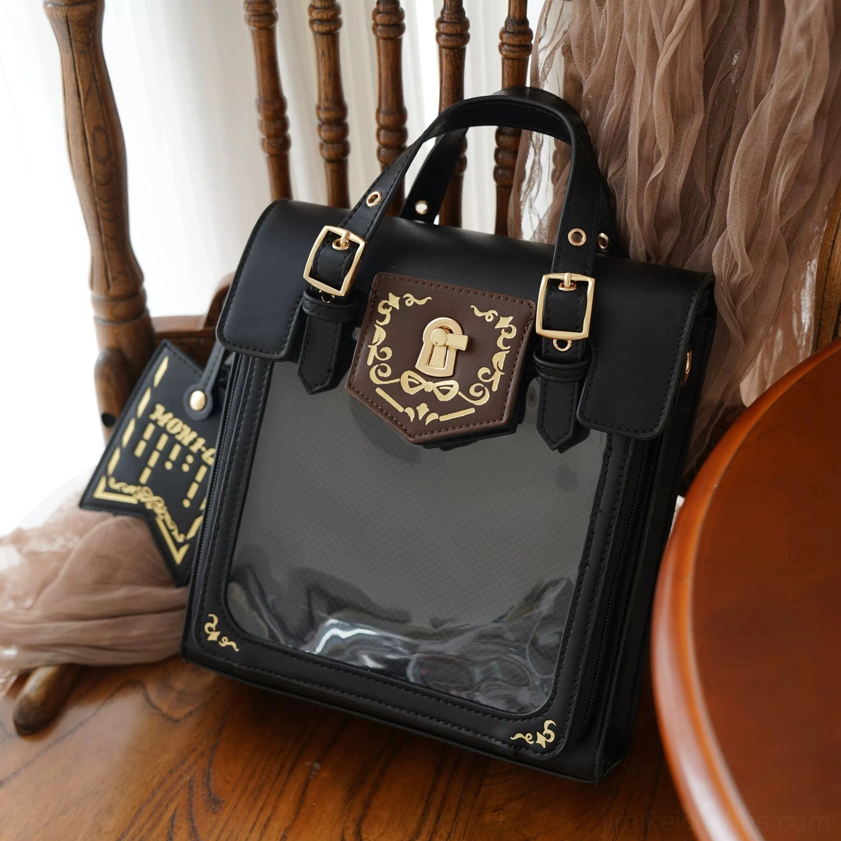 Black premium vintage Jirai Kei ita bag with ultimate neutral leather and luxurious embroidered details, clear window perfect for maximalist badge display arrangements