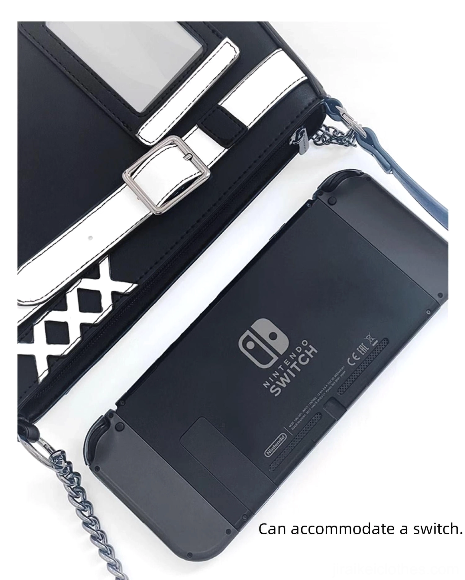 Black Jirai Kei ita bag with zippered opening demonstrating Nintendo Switch compatibility and black leather accents