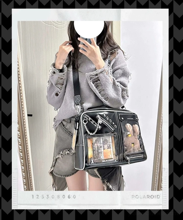 Black Jirai Kei ita crossbody bag with clear anime display compartments adjustable carrying strap
