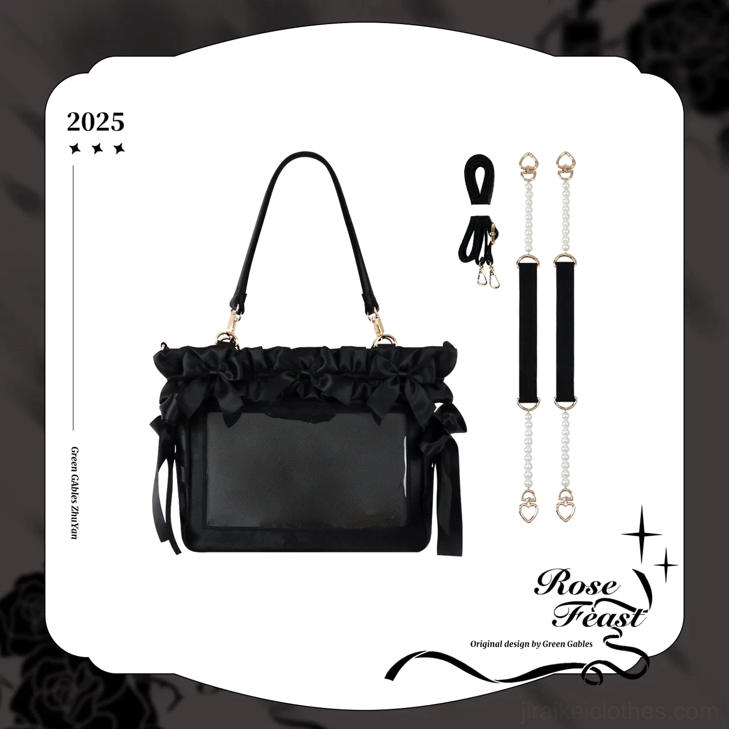 Black Jirai Kei itabag color variant close-up showing satin bow details ruffles and transparent window with character collectible display