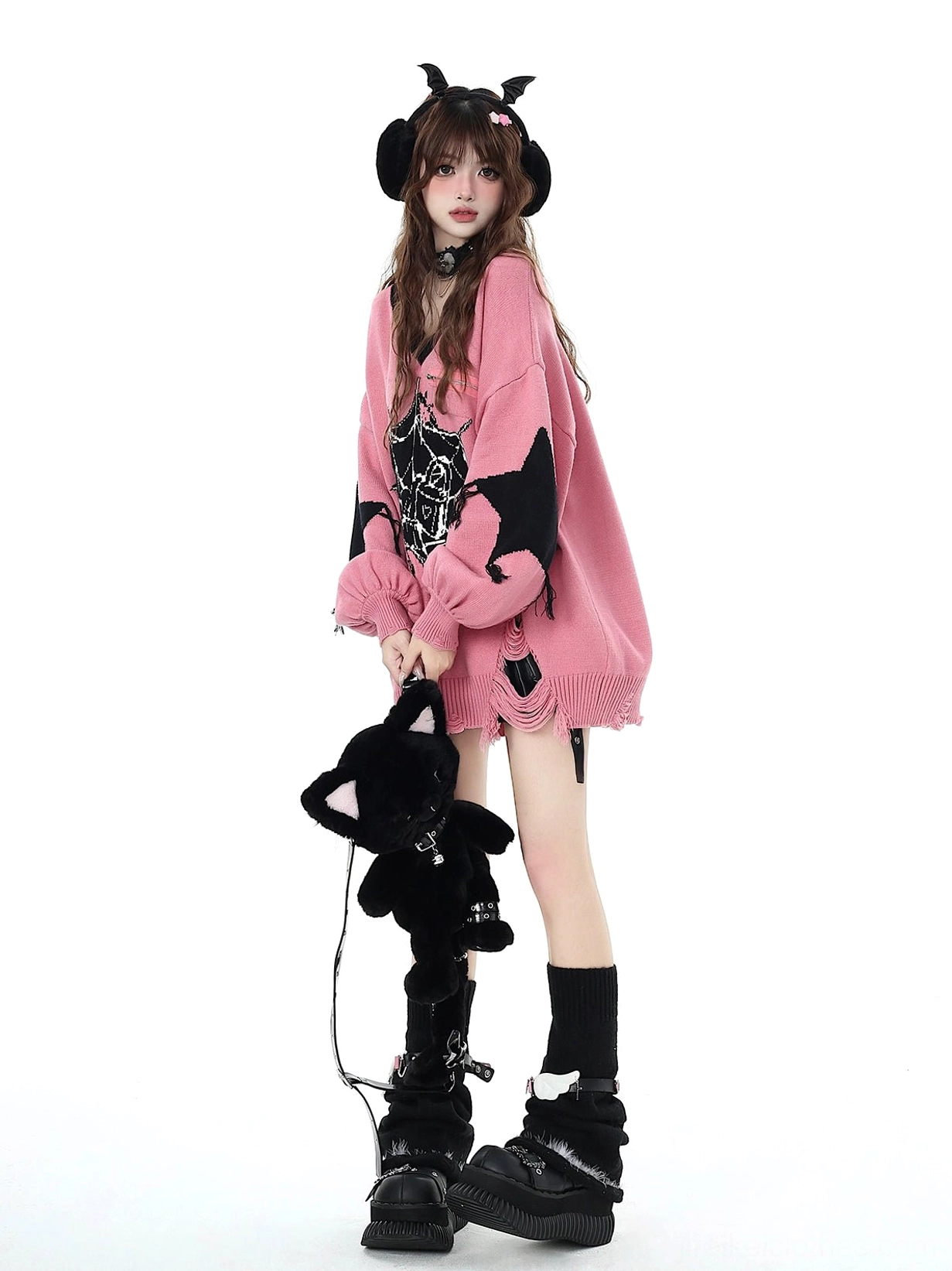 Black Jirai Kei knit pullover sweater back view showing oversized fit and spider web print design coverage