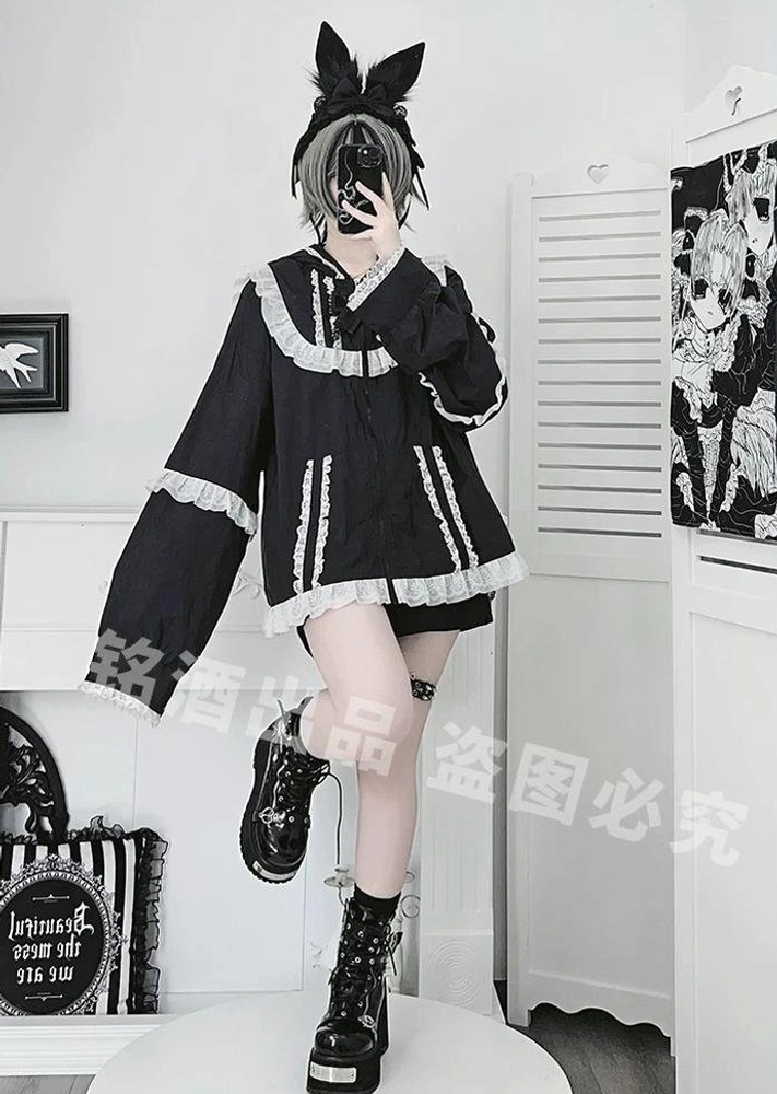 Black jirai kei cat-ear lace sun jacket full length mirror selfie with gothic model bunny hairpin ruffled hem