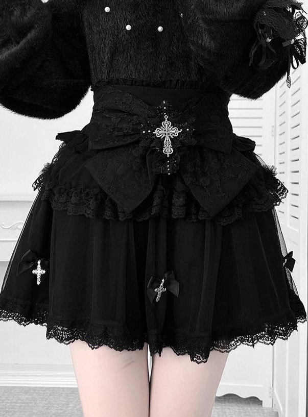 Black lace Jirai Kei mini skirt half-length display with ruffled hem, cross and bow waist decoration, tiered ruffled design detail