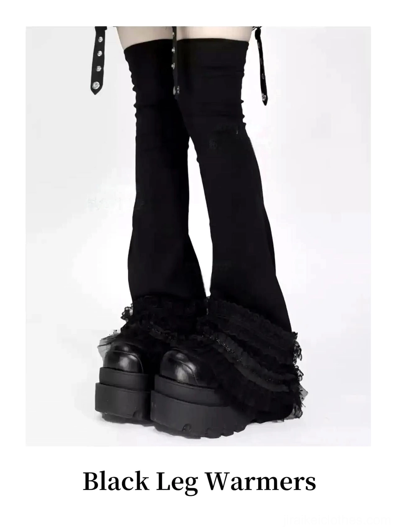 Black jirai kei leg warmers product showcase with lace ruffles, anti-slip band and adjustable thigh strap buckles