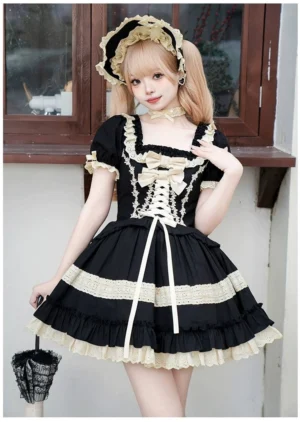 Jirai Kei Classic Lolita black OP dress three-quarter front view short puff sleeves waist lace-up vintage handbag accessories