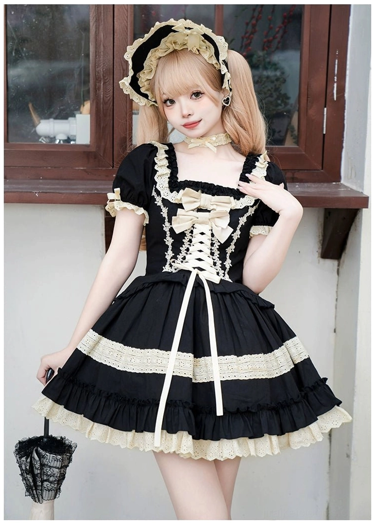 Jirai Kei Classic Lolita black OP dress three-quarter front view short puff sleeves waist lace-up vintage handbag accessories