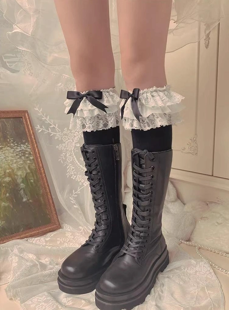 Black long knee-length Jirai Kei lace socks layered ruffles ribbon bow romantic chaotic aesthetic extended leg coverage