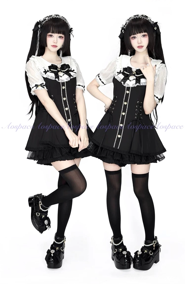 Black Jirai Kei maid outfit full body front view two models ruffled dresses thigh-high socks platform shoes