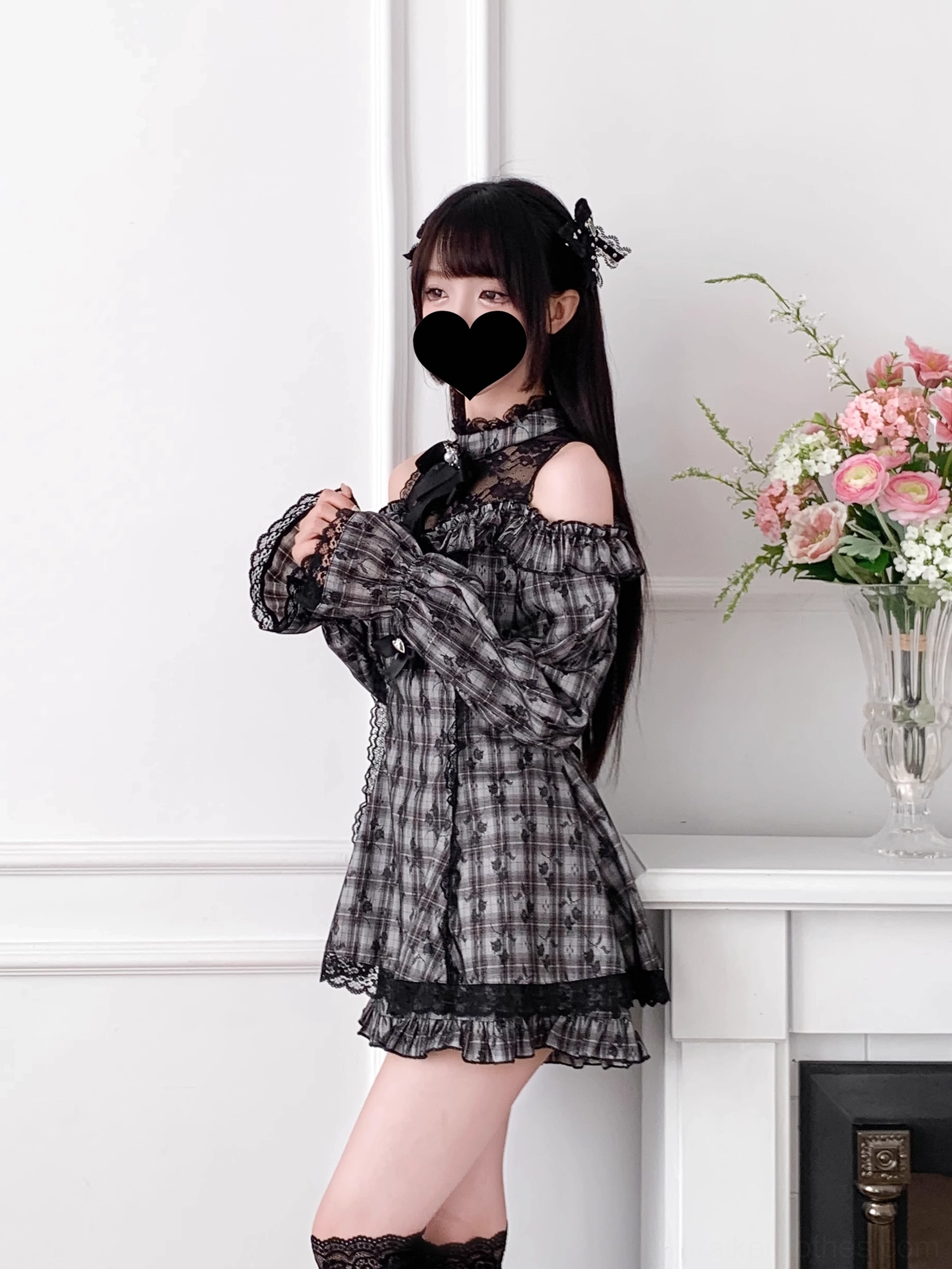 Black off-shoulder Jirai Kei dress shorts set gothic lace patchwork styling indoor scene
