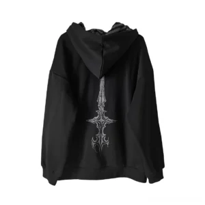 Black oversized gothic jirai kei hoodie back view showing silver vertical tribal cross design and striped hood lining detail