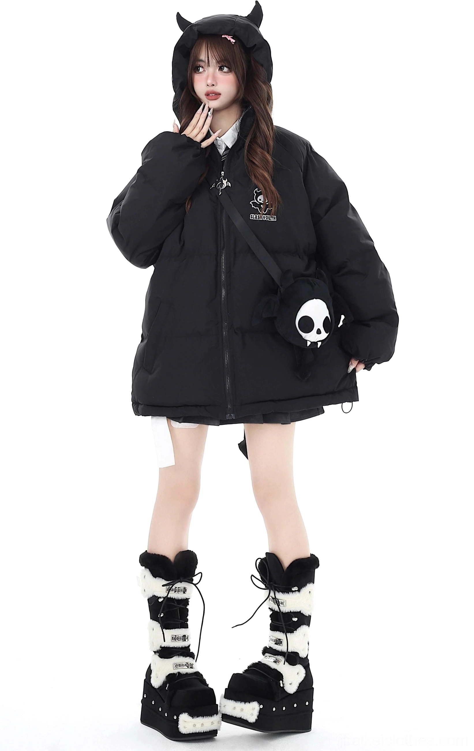 Black Jirai Kei oversized puffer coat full front view devil horn hood quilted silhouette skull crossbody bag on long-haired model