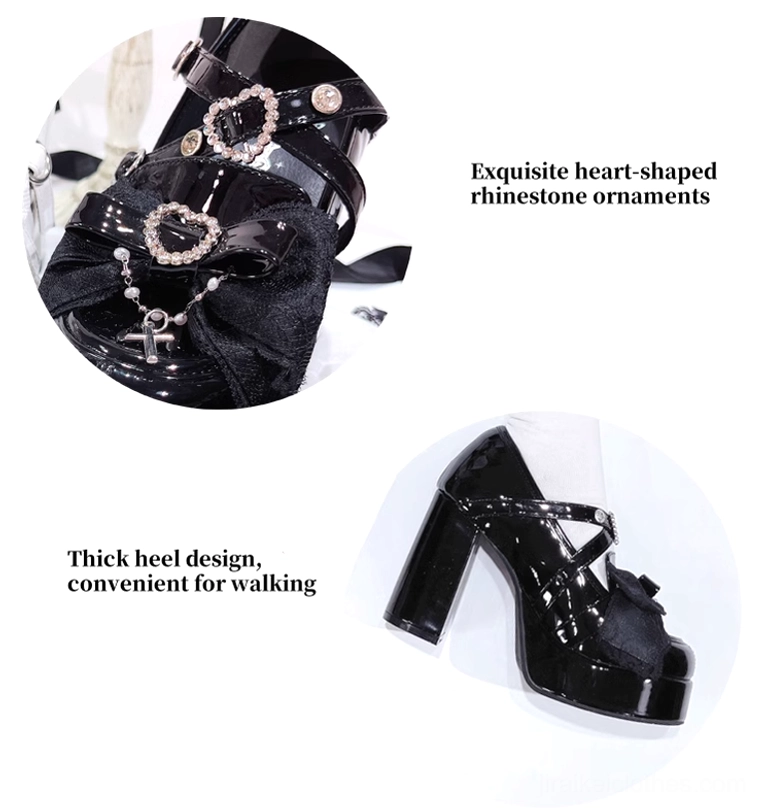 Black Jirai Kei platform heels worn with dramatic lolita fashion styling, demonstrating heart-shaped rhinestone details in coordinated outfit context