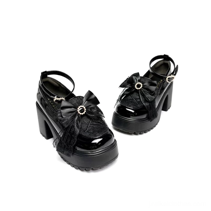 Black Jirai Kei platform loafer complete product view showing bow lace details gem accents chunky platform and adjustable ankle strap