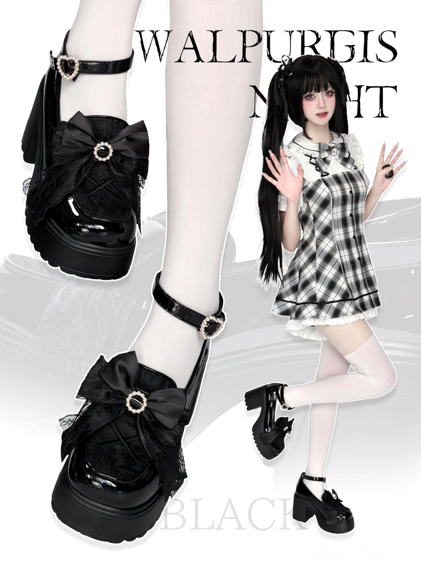 Black patent leather Jirai Kei platform loafer side ankle and full model shot featuring lace bow with round gem decoration on twin-tailed model