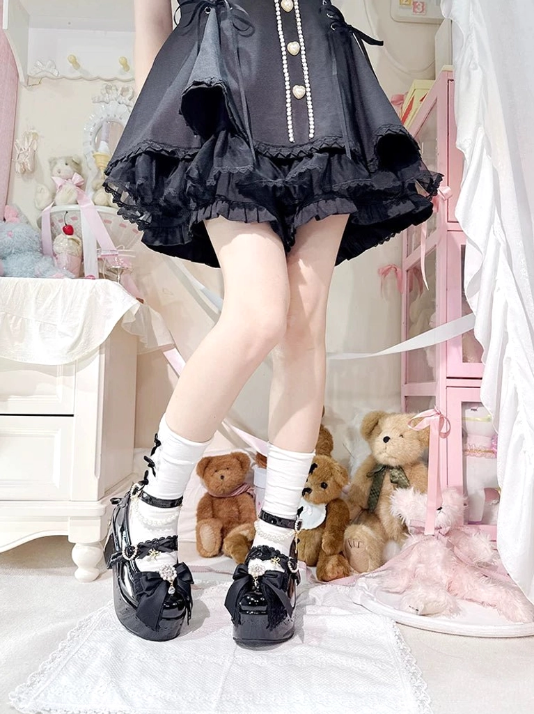 Black Jirai Kei platform Lolita shoes hollow-out trim side detail adjustable strap platform sole