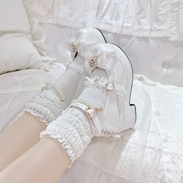 Black Jirai Kei platform Lolita shoes lace heel decoration rhinestone embellishments detail view