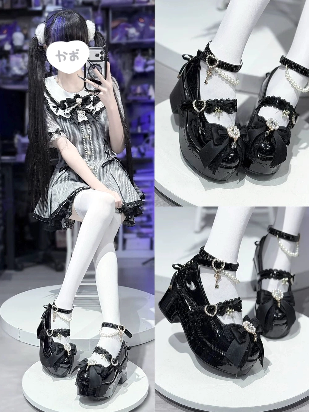 Black Jirai Kei platform Lolita shoes mixed selfie flat lay close-up patent leather pearl chain straps