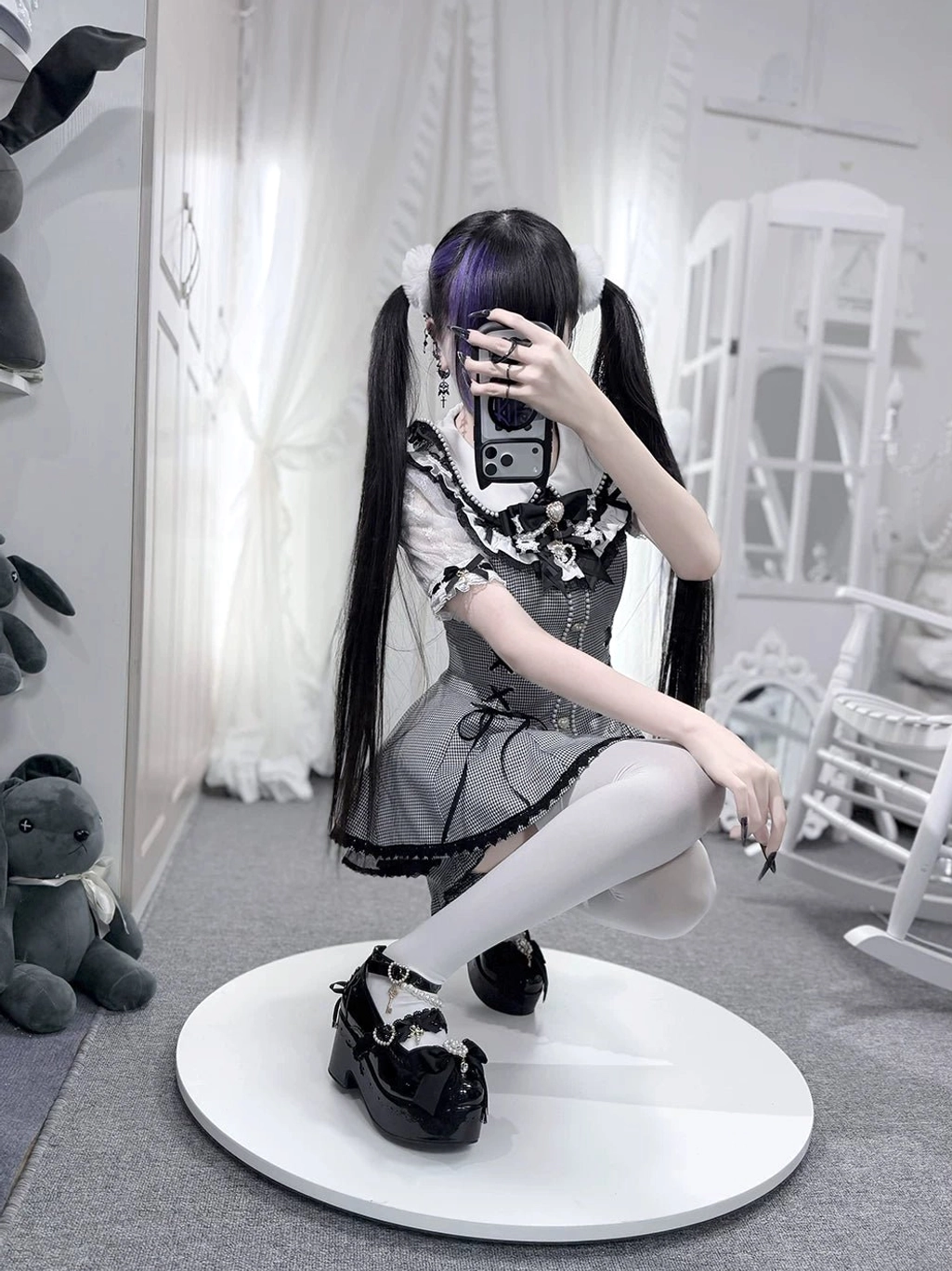 Black Jirai Kei platform Lolita shoes side product display chunky platform sole pearl chain strap bow