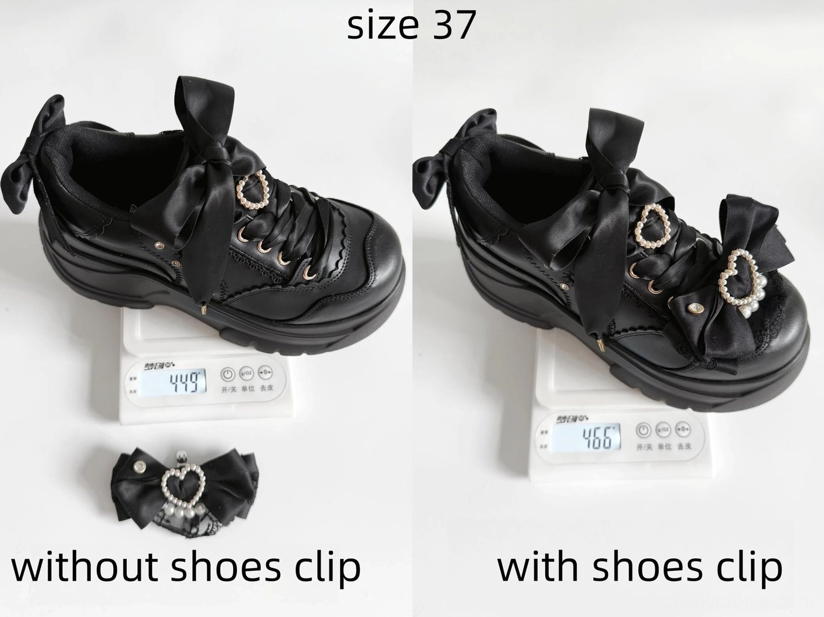 Black Jirai Kei platform shoe clip comparison flat lay, EU size 37, with and without detachable clips, leather upper PU material close-up