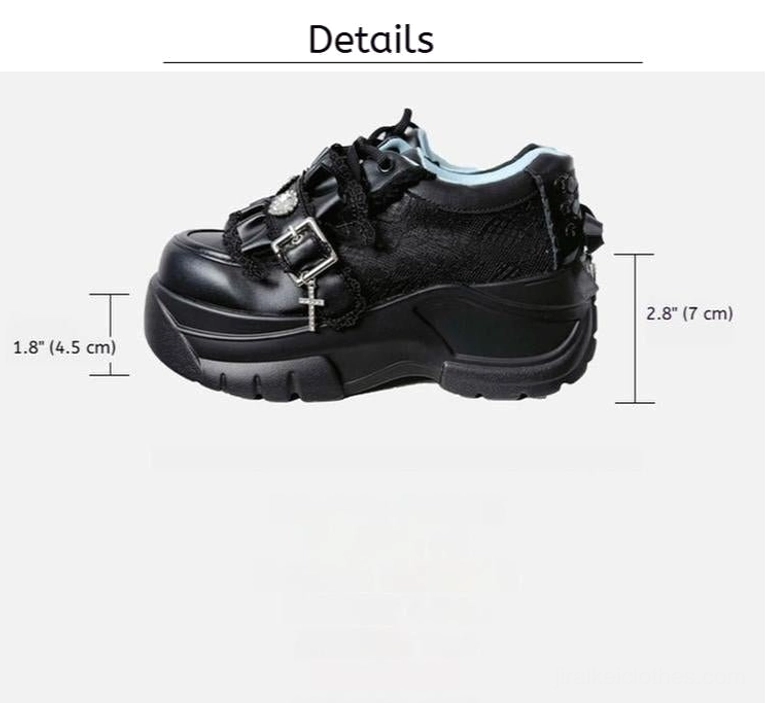 Black jirai kei platform shoes side profile view seven centimeter thick sole size marking buckle strap cross charm detail