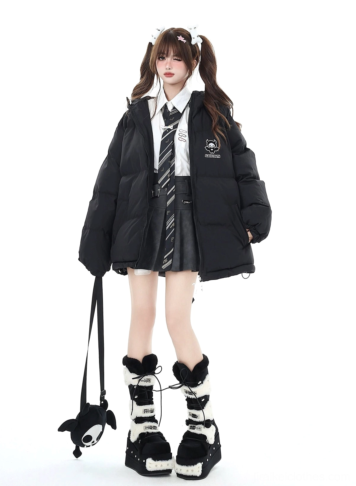 Black Jirai Kei puffer coat back view showing wing decorations rear tail quilted puffy design and oversized fit
