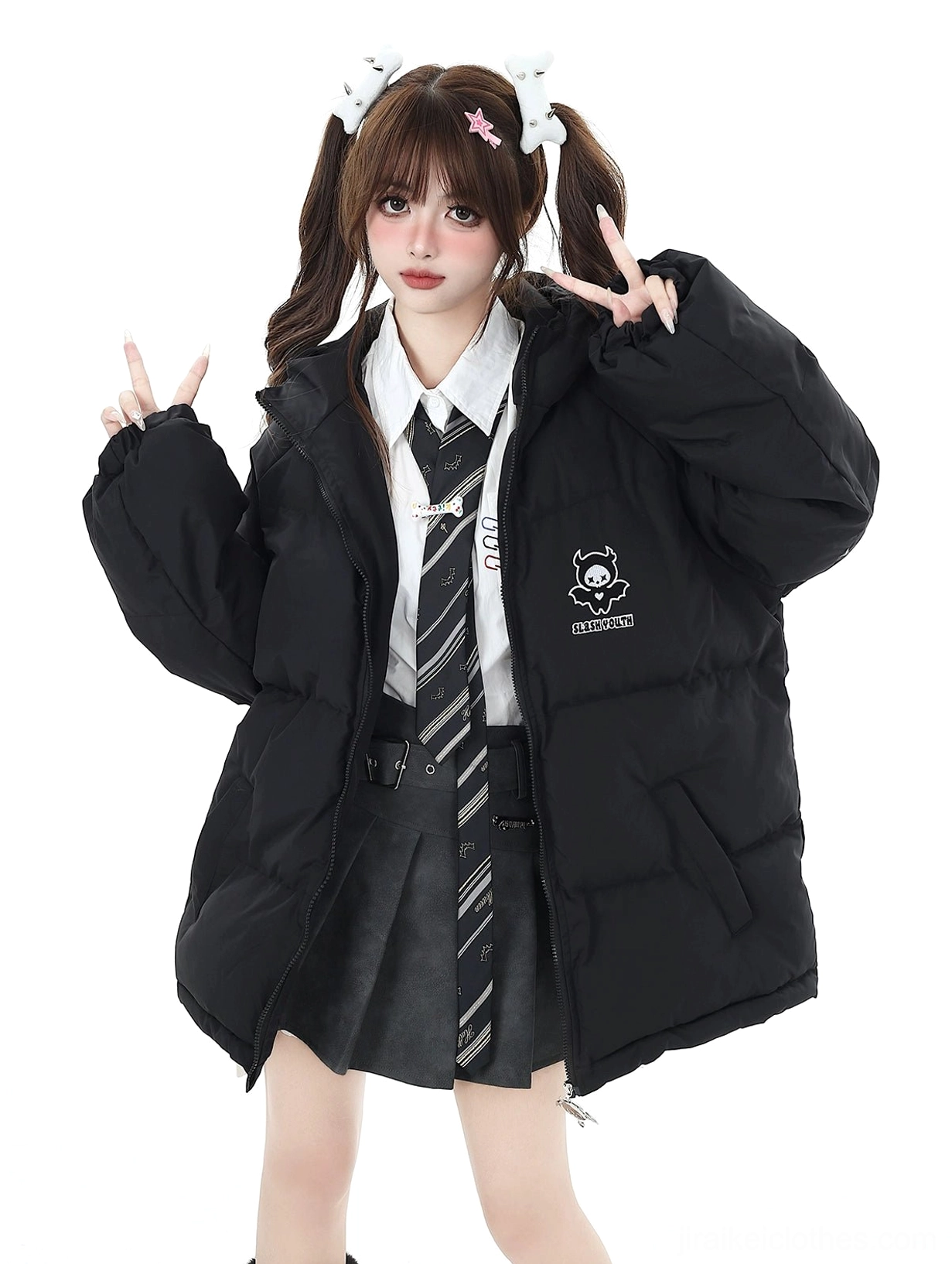 Black Jirai Kei puffy cotton coat half front upper body view with clear chest skull bear logo wide loose sleeves on school outfit model