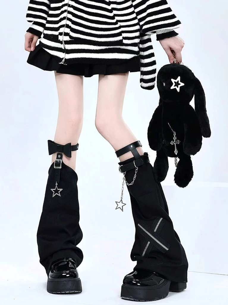Black punk leg warmers with star and chain details, adjustable garter straps, pure black colorway, paired with striped sweater and black mini skirt, authentic Jirai Kei fashion front display