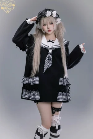 Black gingham sailor collar jirai kei oversized sweatshirt with detachable plaid neckerchief front full body view studio