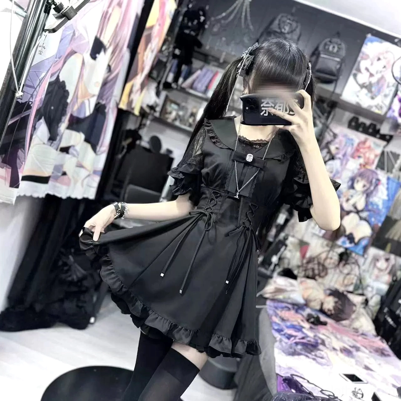 Black Jirai Kei sailor dress and matching ruffled shorts set complete two-piece ensemble display